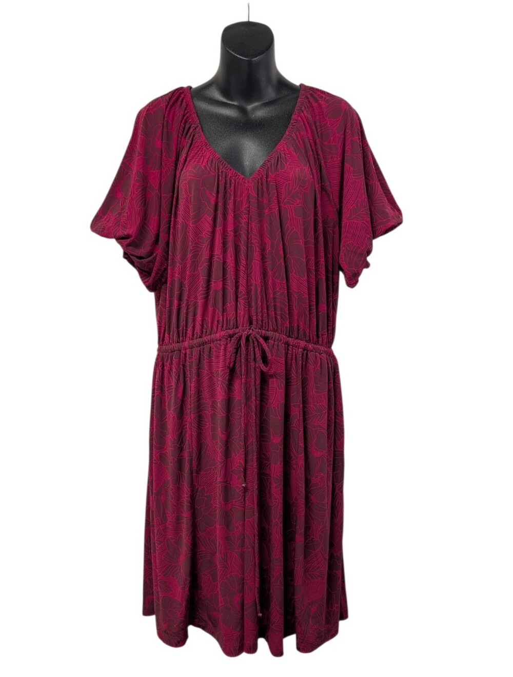 Lane Bryant Dress Women’s Plus Burgundy Floral V-Neck Drawstring 20 NWT Stretch